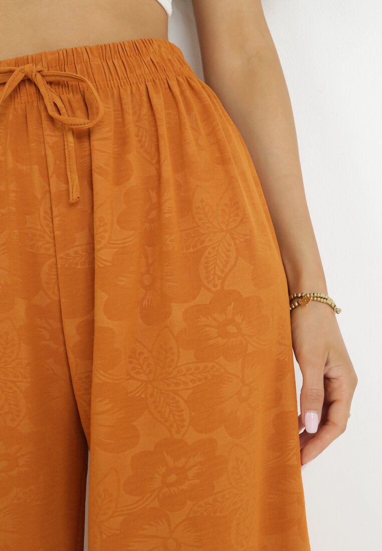 Pomarańczowe Szerokie Spodnie z Gumką w Pasie Roselika