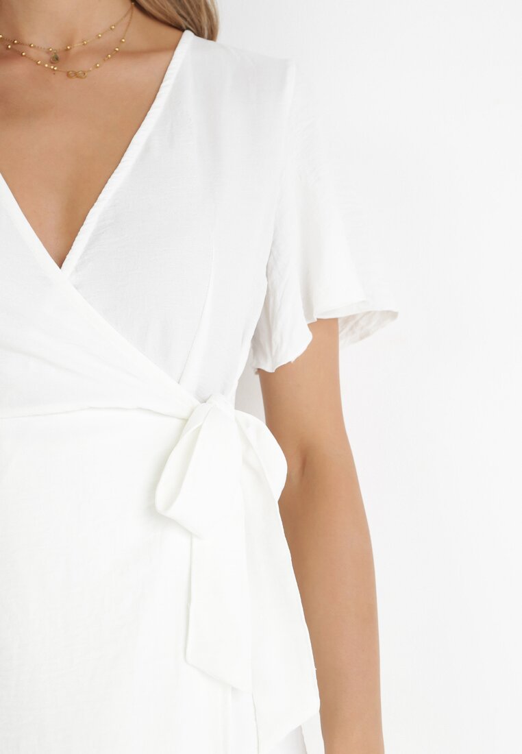 Biała Kopertowa Sukienka Midi z Materiałowym Paskiem Noriana