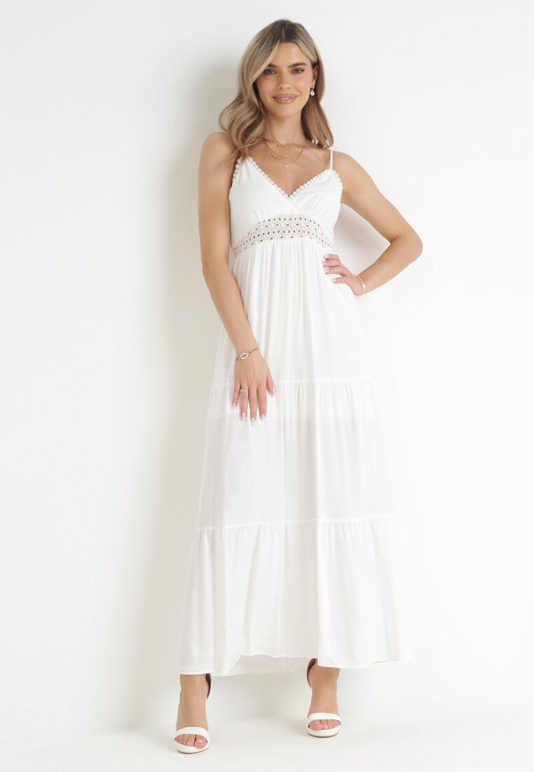 Biała Bawełniana Sukienka Maxi z Ażurową Gumką w Pasie Emmaya