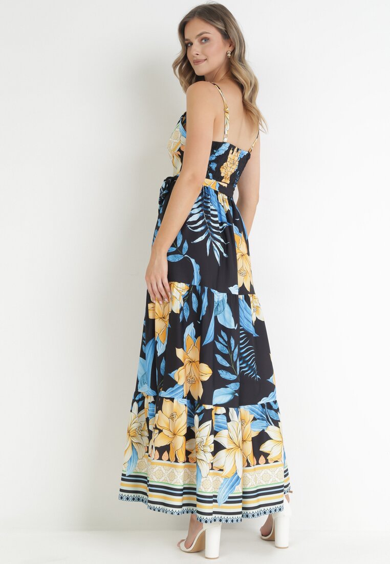 Czarno-Niebieska Sukienka Maxi w Kwiatowy Wzór na Ramiączkach Brixle