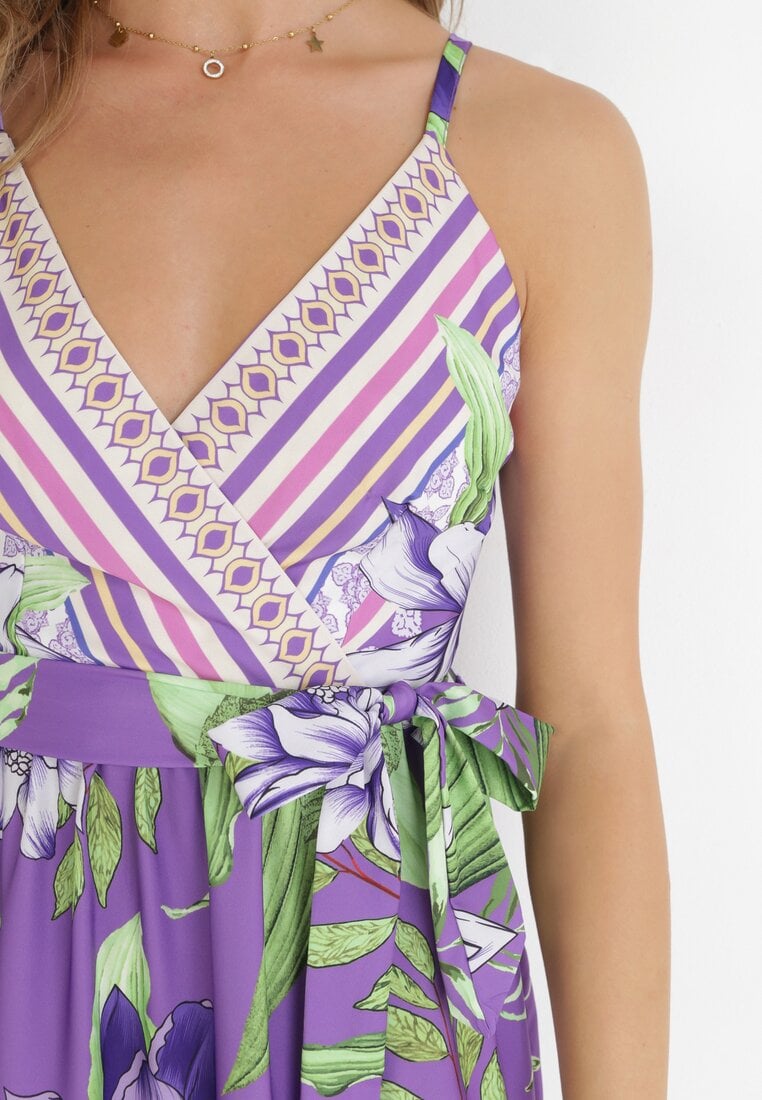 Fioletowa Sukienka Maxi w Kwiatowy Wzór na Ramiączkach Brixle