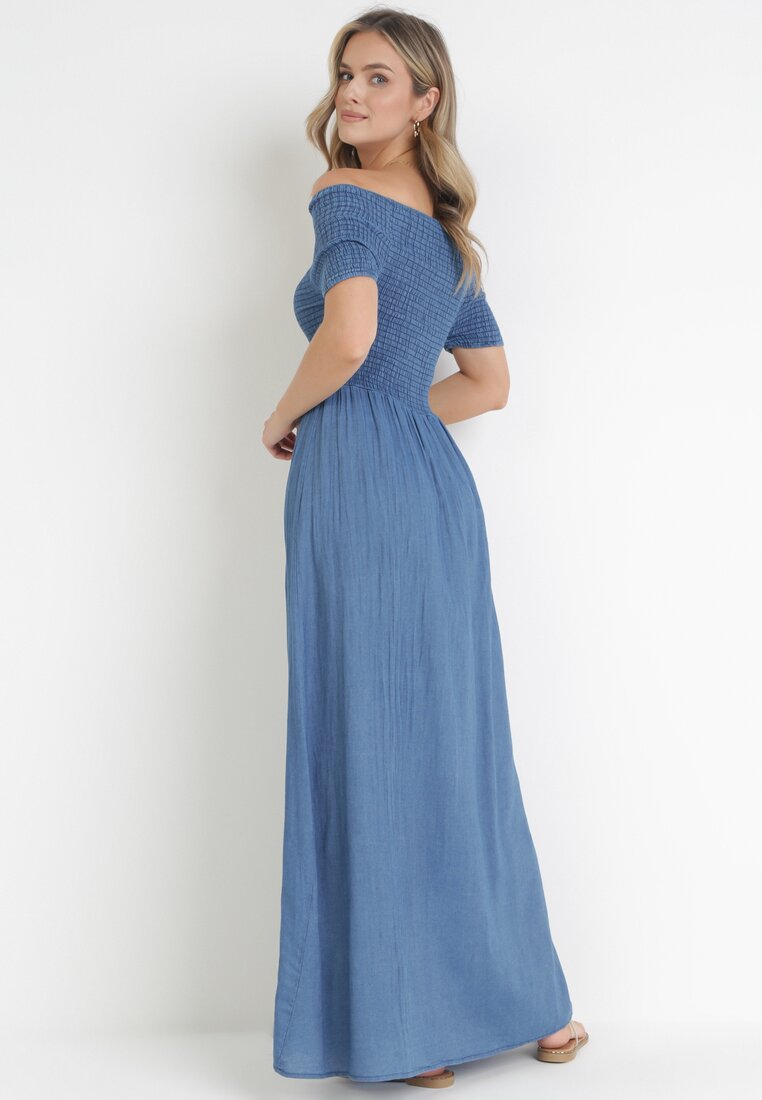 Niebieska Sukienka Maxi z Hiszpańskim Dekoltem Raandrys