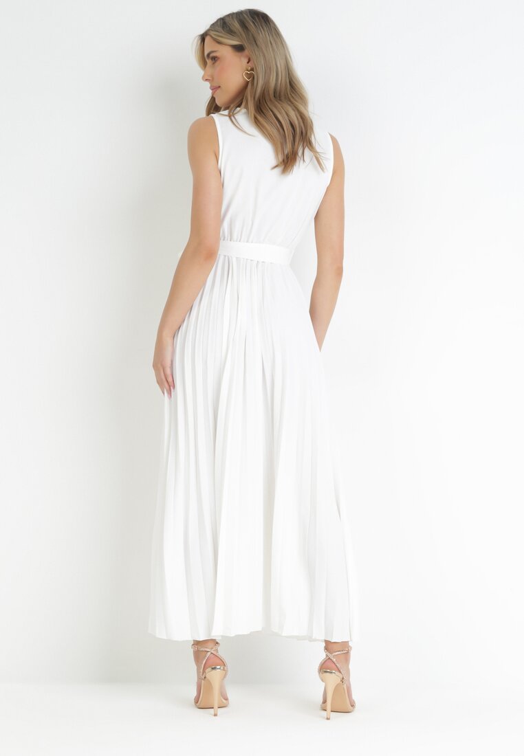 Biała Plisowana Sukienka Maxi z Gumką w Pasie i Materiałowym Paskiem Biak