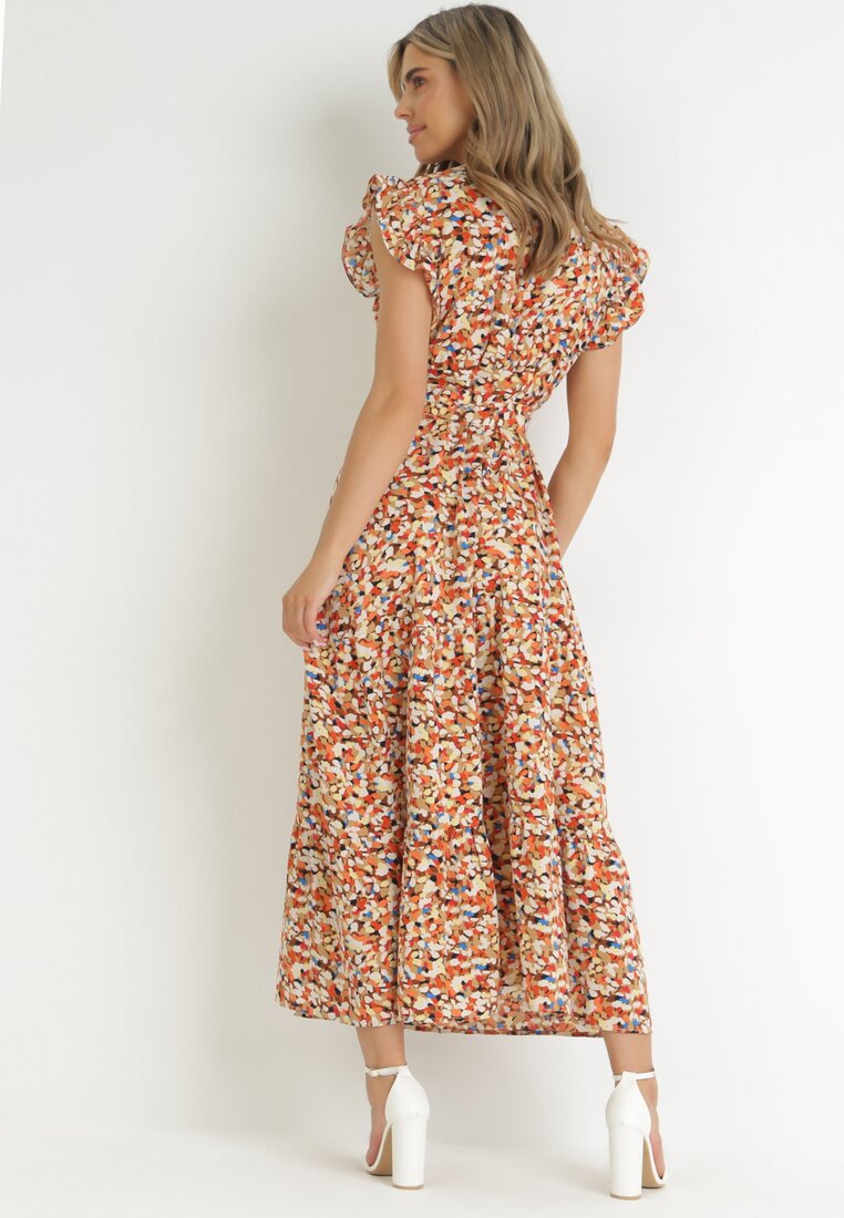 Beżowo-Pomarańczowa Rozkloszowana Sukienka Maxi z Materiałowym Paskiem i Falbankami Zinne