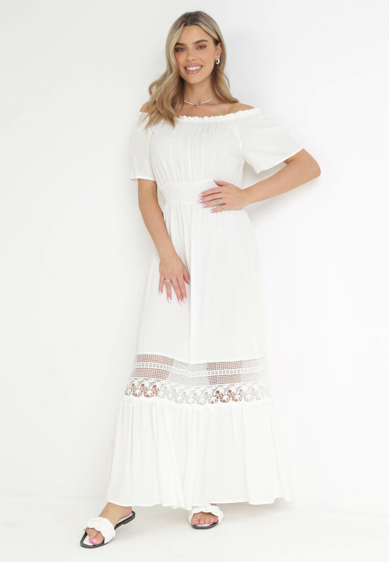 Biała Sukienka Hiszpanka ze Zdobieniem z Koronki Zinnin