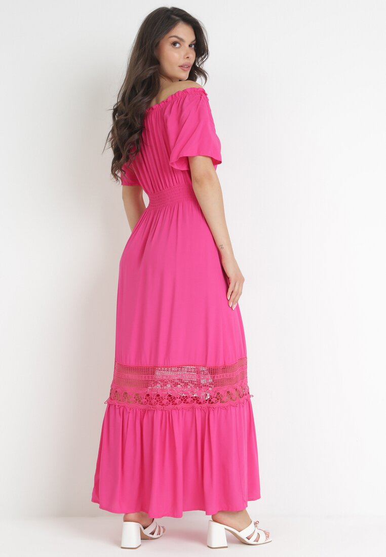 Różowa Sukienka Hiszpanka ze Zdobieniem z Koronki Zinnin