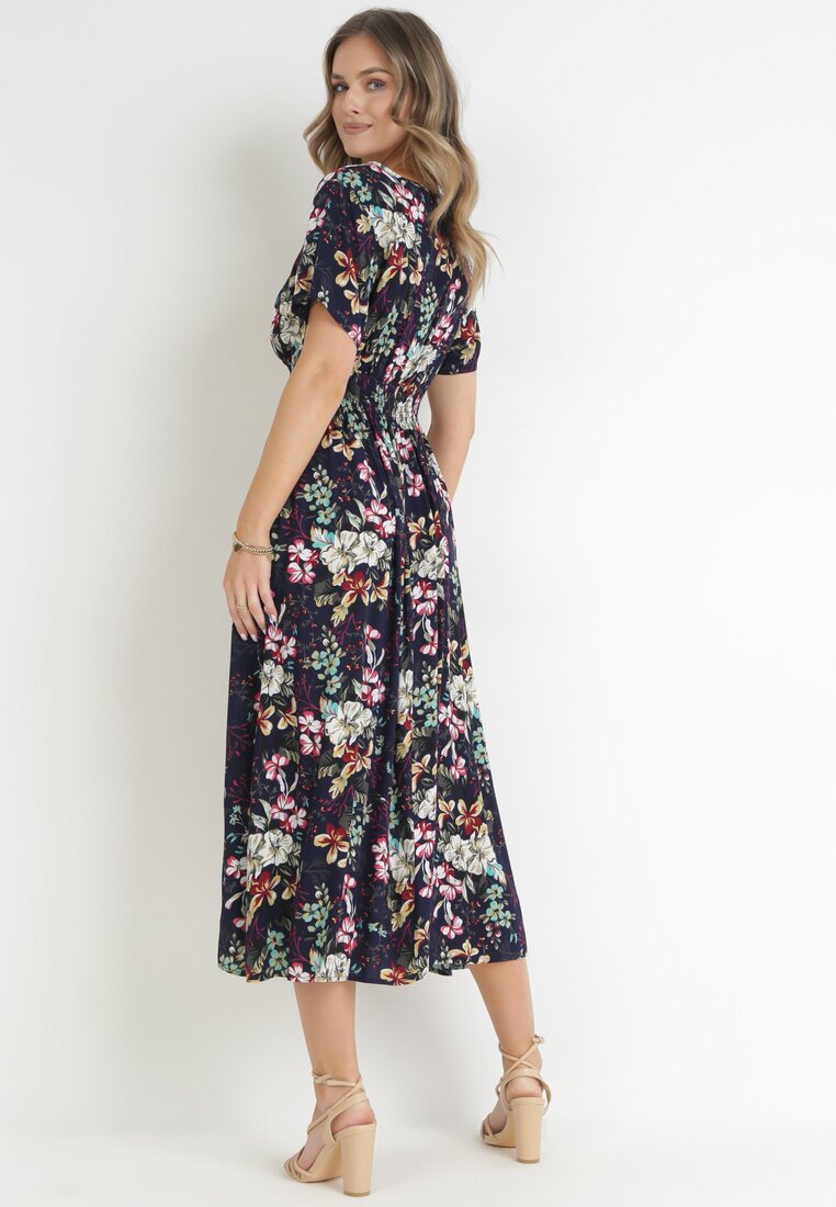 Granatowa Wiskozowa Sukienka Midi z Cienkimi Gumkami w Pasie i Kopertowym Dekoltem Clovantha