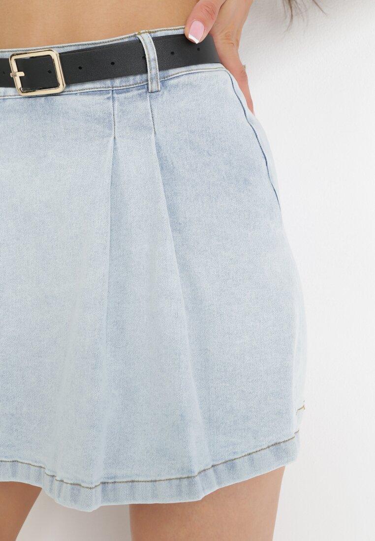 Jasnoniebieskie Szorty Jeansowe Imitujące Spódnicę Mini z Paskiem Arenie