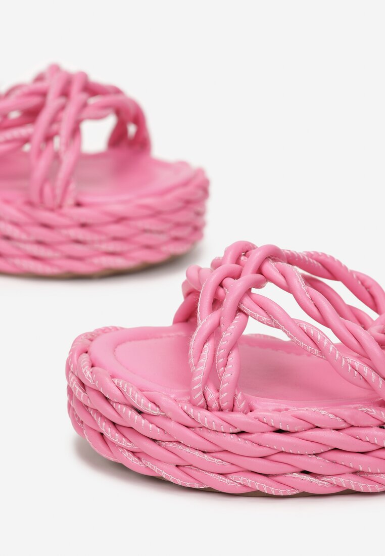 Różowe Sandały na Plecionej Platformie z Wiązaniem Moushira