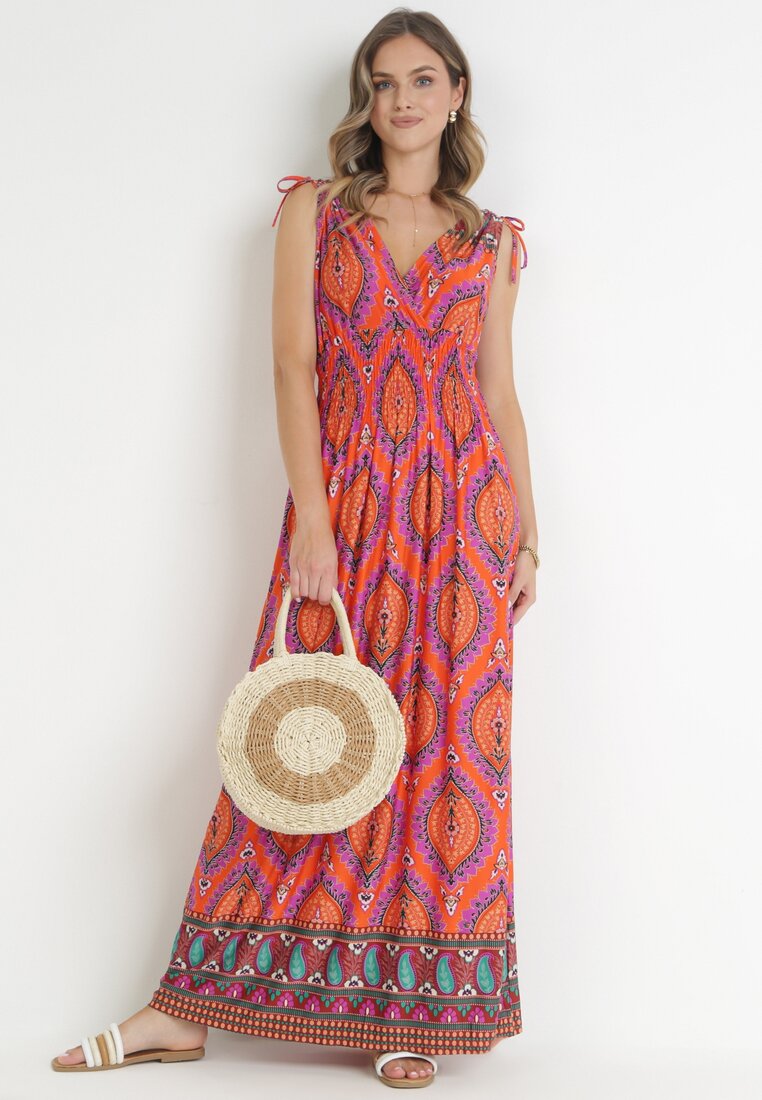 Pomarańczowa Rozkloszowana Sukienka Maxi z Gumką w Pasie z Wiskozy Yasuri