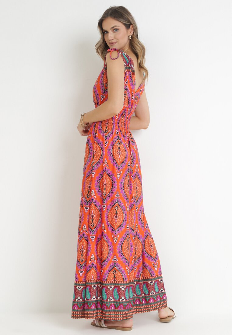 Pomarańczowa Rozkloszowana Sukienka Maxi z Gumką w Pasie z Wiskozy Yasuri