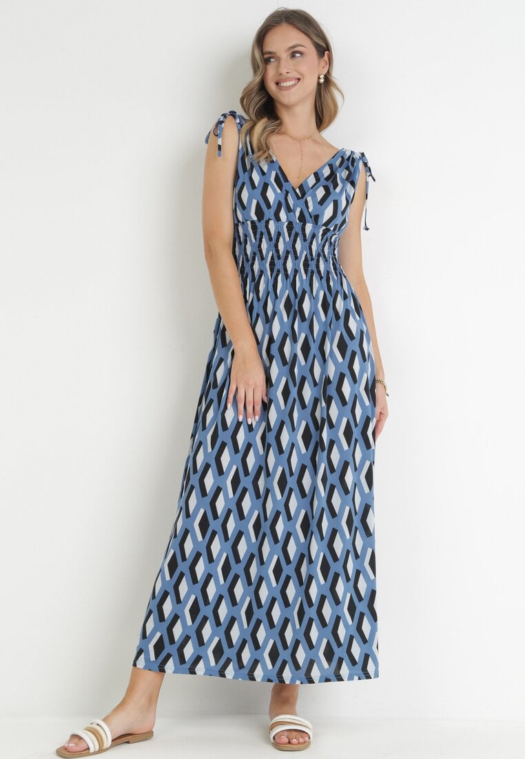 Niebieska Wiskozowa Sukienka Maxi z Cienkimi Gumkami w Talii i Ściąganymi Ramionami Anelyse