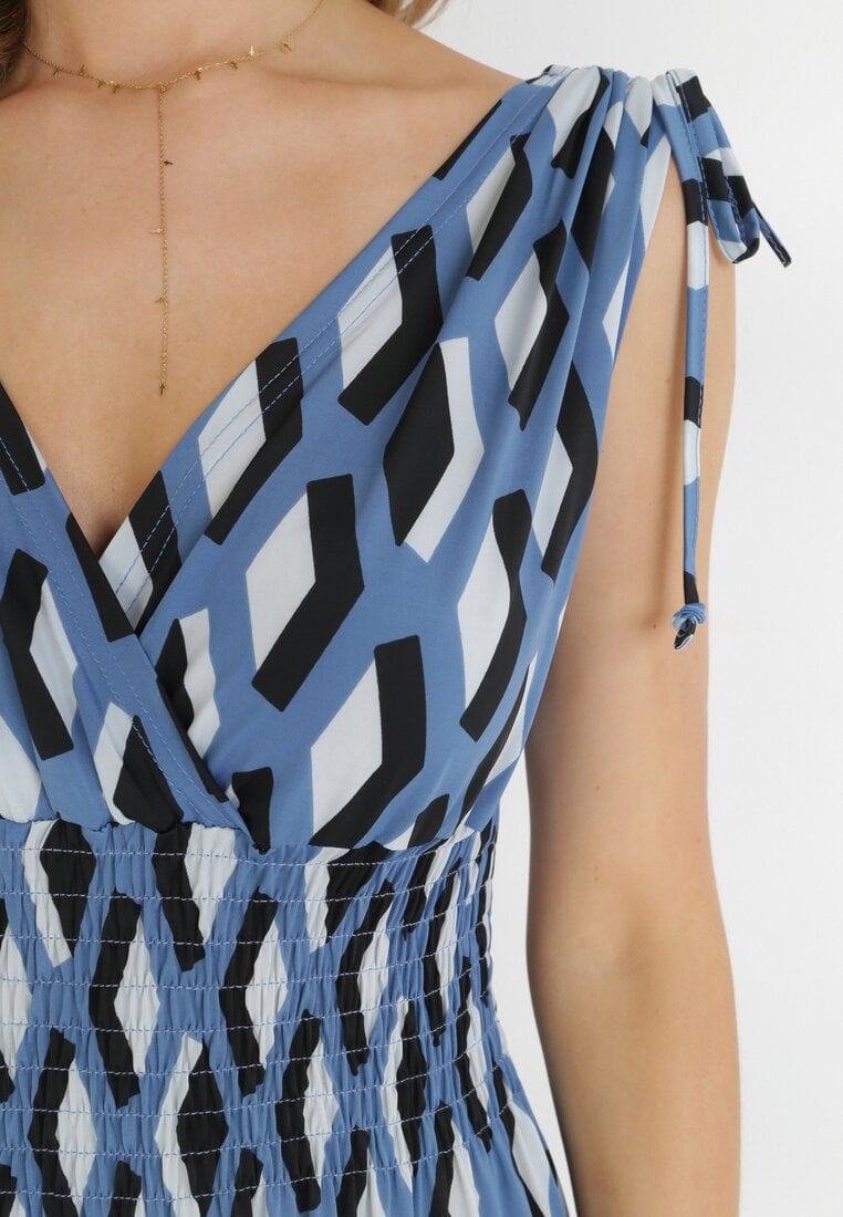 Niebieska Wiskozowa Sukienka Maxi z Cienkimi Gumkami w Talii i Ściąganymi Ramionami Anelyse