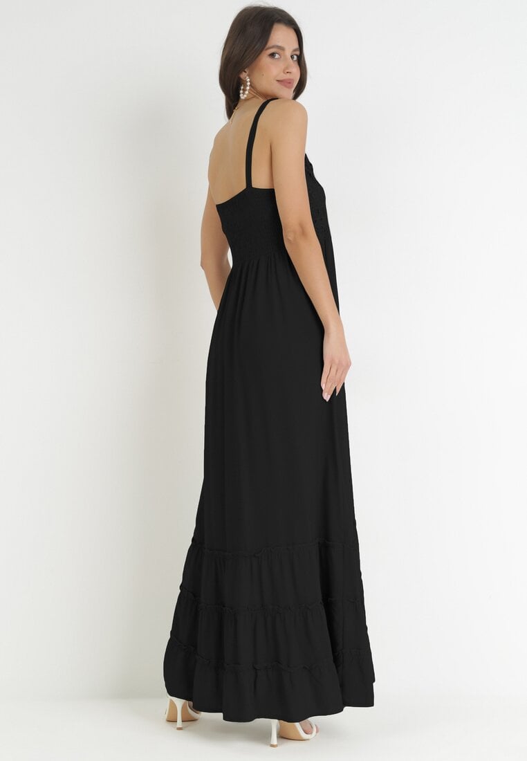 Czarna Sukienka Maxi na Ramiączkach z Koronkowymi Wstawkami i Falbankami Lemera
