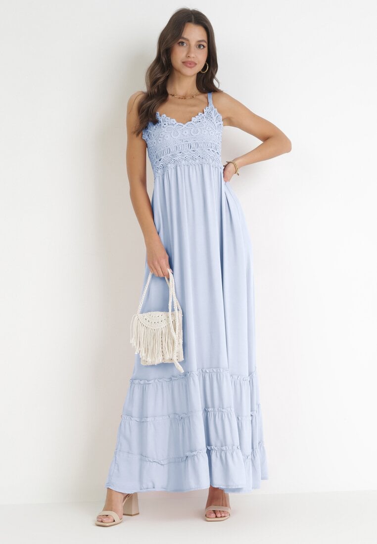 Niebieska Sukienka Maxi na Ramiączkach z Koronkowymi Wstawkami i Falbankami Lemera