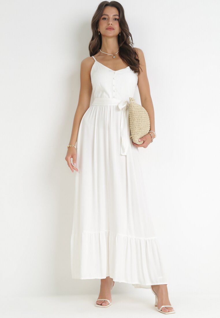 Biała Wiskozowa Sukienka Maxi na Ramiączkach z Falbankami Rosienda