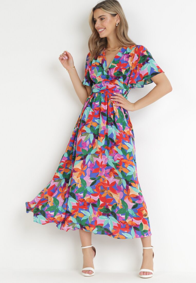 Różowo-Niebieska Rozkloszowana Sukienka Maxi w Kwiatowy Print Ilviza