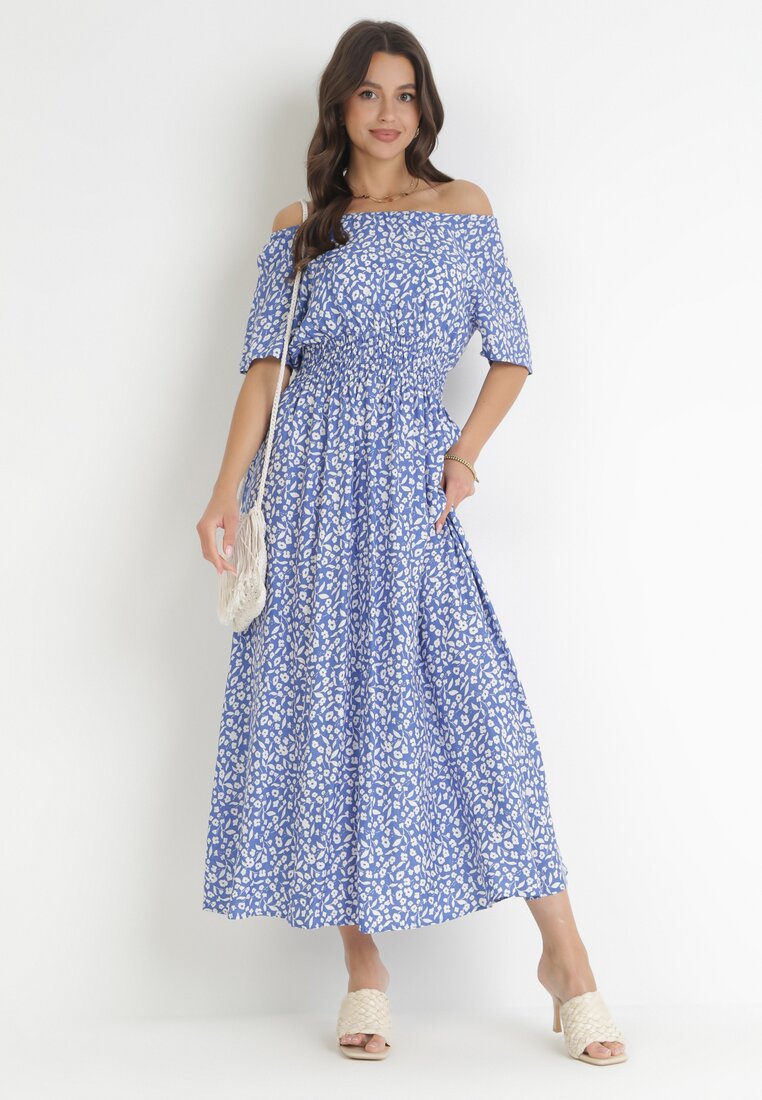 Niebieska Sukienka Maxi Hiszpanka z Marszczoną Gumką w Talii z Wiskozy Skarlet