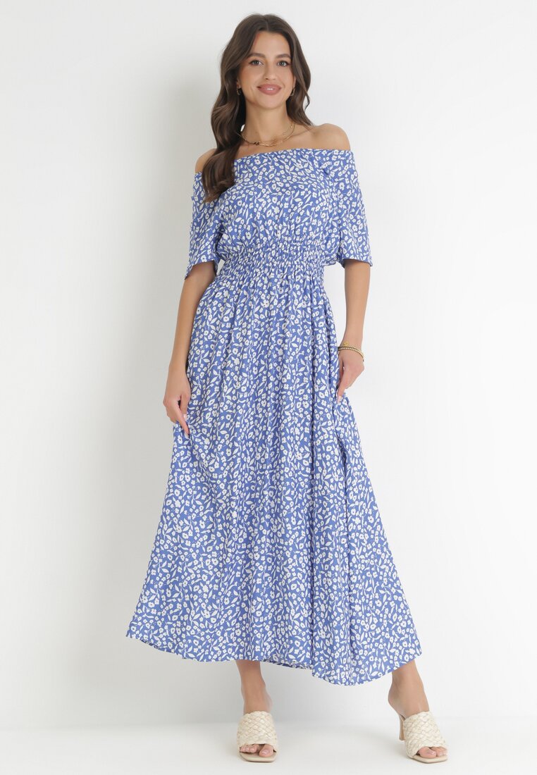 Niebieska Sukienka Maxi Hiszpanka z Marszczoną Gumką w Talii z Wiskozy Skarlet