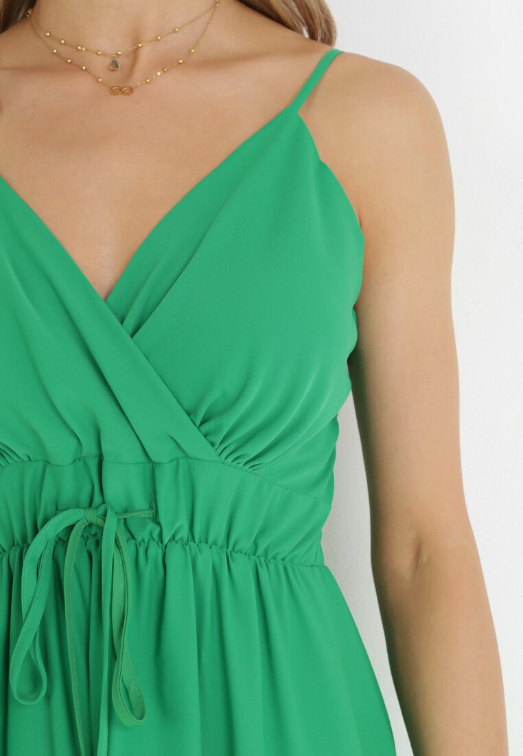 Zielona Gładka Sukienka Maxi z Marszczoną Elastyczną Talią Tenawa
