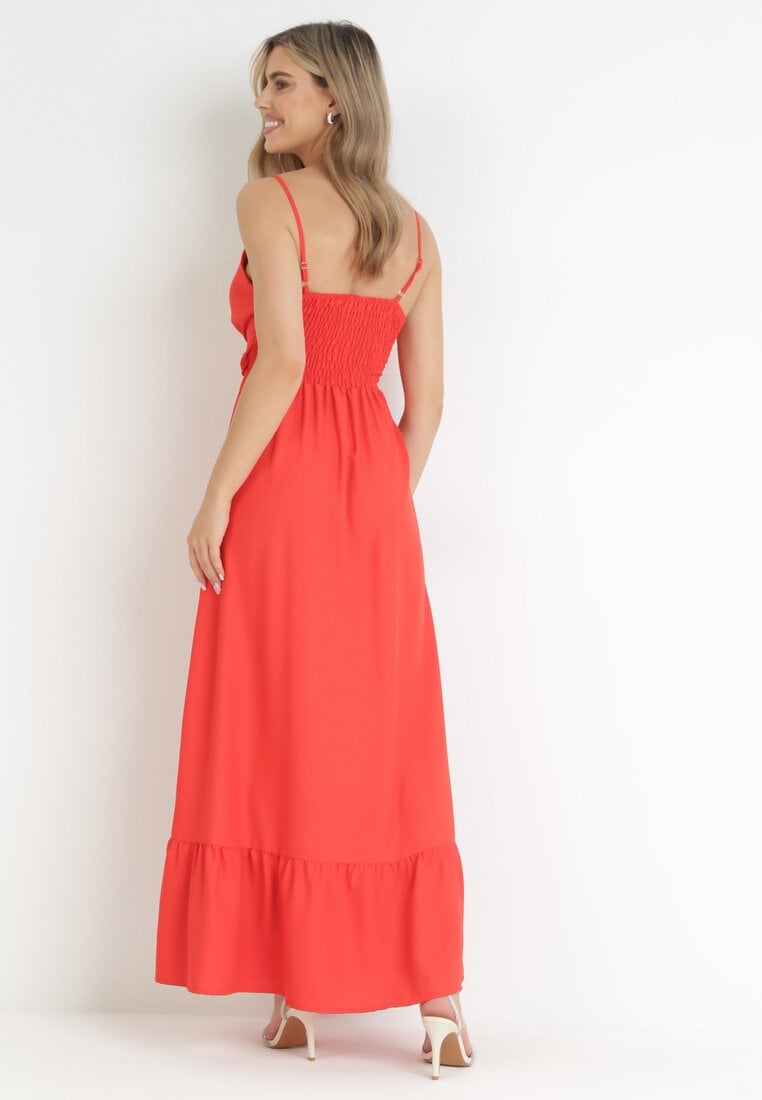 Czerwona Gładka Sukienka Maxi z Marszczoną Elastyczną Talią Tenawa