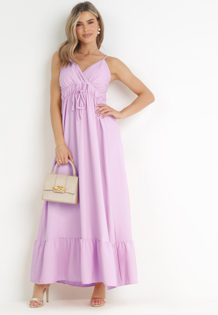 Fioletowa Gładka Sukienka Maxi z Marszczoną Elastyczną Talią Tenawa