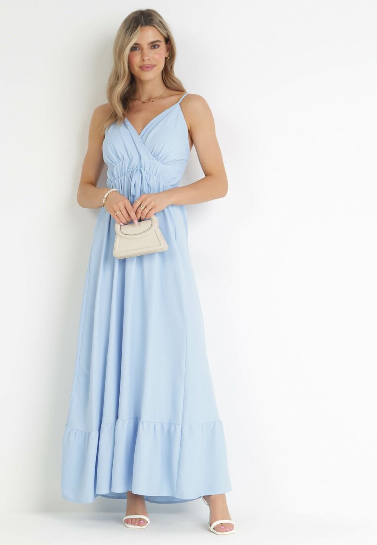 Jasnoniebieska Gładka Sukienka Maxi z Marszczoną Elastyczną Talią Tenawa