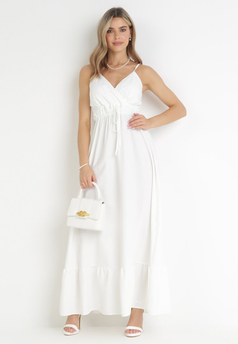 Biała Gładka Sukienka Maxi z Marszczoną Elastyczną Talią Tenawa