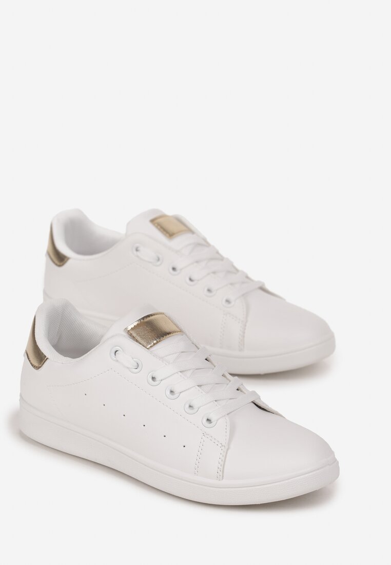 Biało-Złote Sneakersy na Płaskiej Podeszwie ze Sznurowaniem Ecea