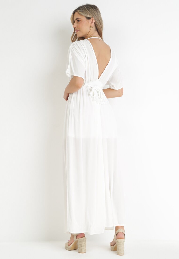 Biała Wiskozowa Sukienka Maxi Nietoperz z Głębokim Dekoltem i Gumką w Pasie z Lnem Zivana