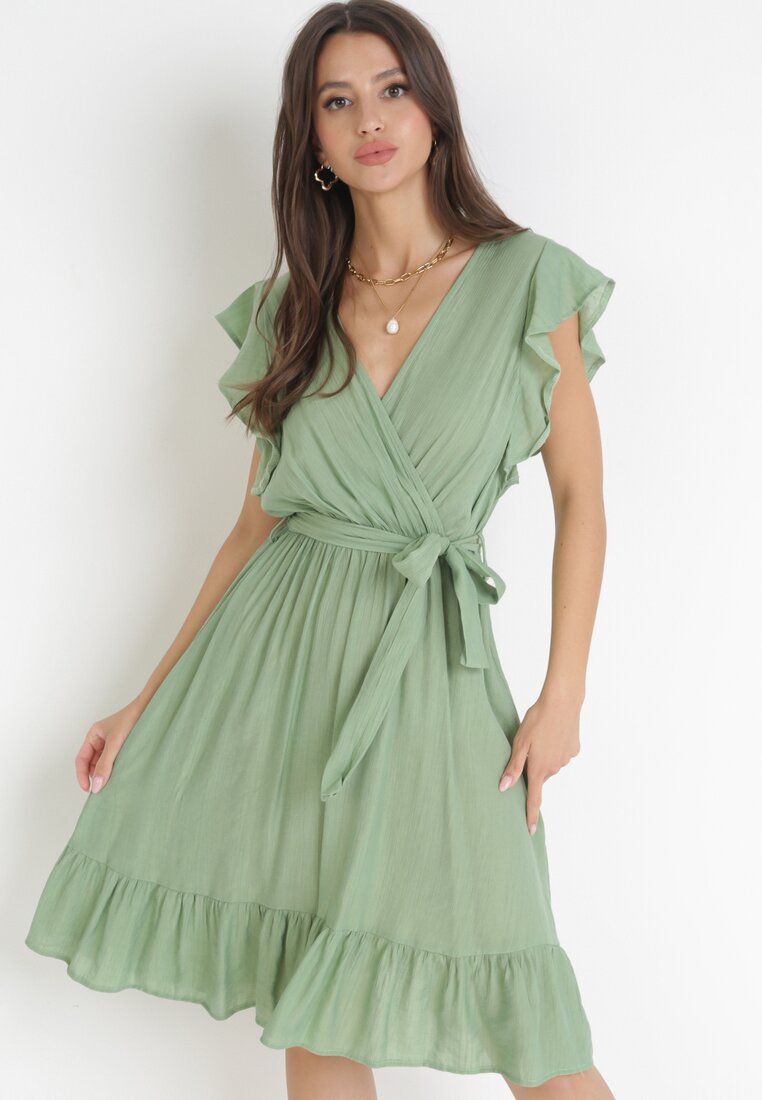 Zielona Rozkloszowana Sukienka z Gumką w Pasie Pabelin