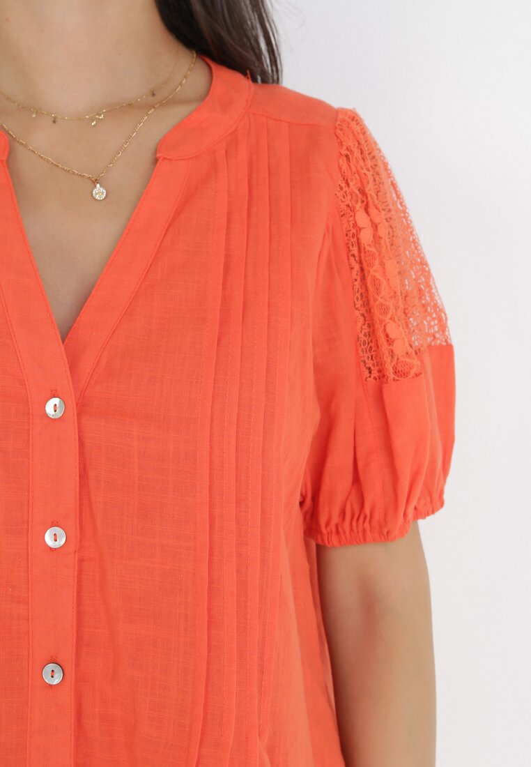 Pomarańczowa Koszula Bawełniana z Krótkim i Bufiastym Rękawem Miria