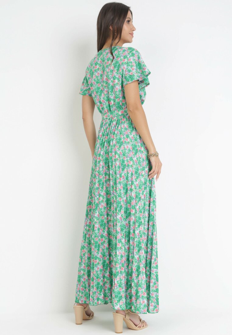 Zielona Sukienka Maxi z Plisowanym Dołem i Gumką w Pasie Maal