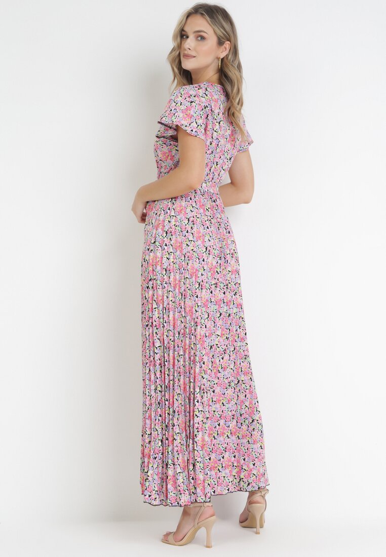 Jasnofioletowa Sukienka Maxi z Plisowanym Dołem i Gumką w Pasie Maal