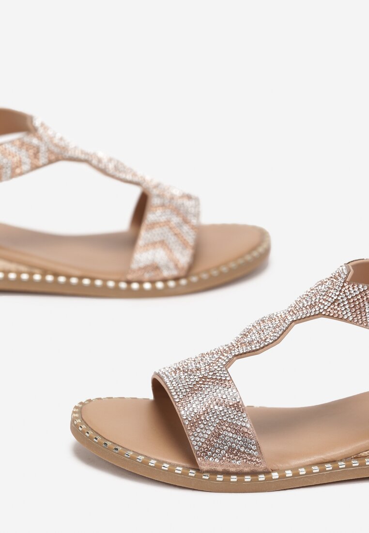 Szampańskie Sandały na Niskim Koturnie z Cyrkoniami Kacela