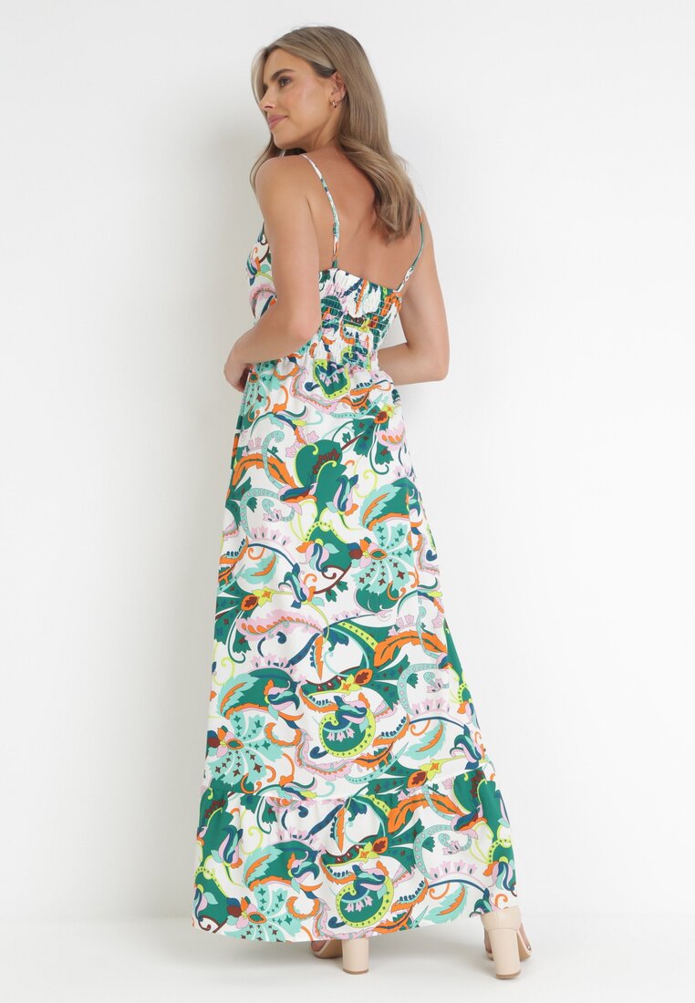 Jasnozielona Sukienka Maxi na Cienkich Ramiączkach z Gumką i Ściągaczem  w Pasie Aeliva