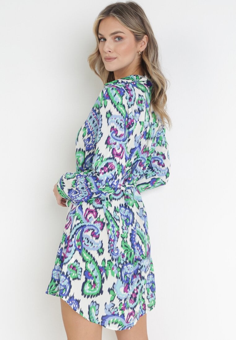 Niebieska Sukienka Mini z Kołnierzem i Materiałowym Paskiem z Wiskozy Erreva