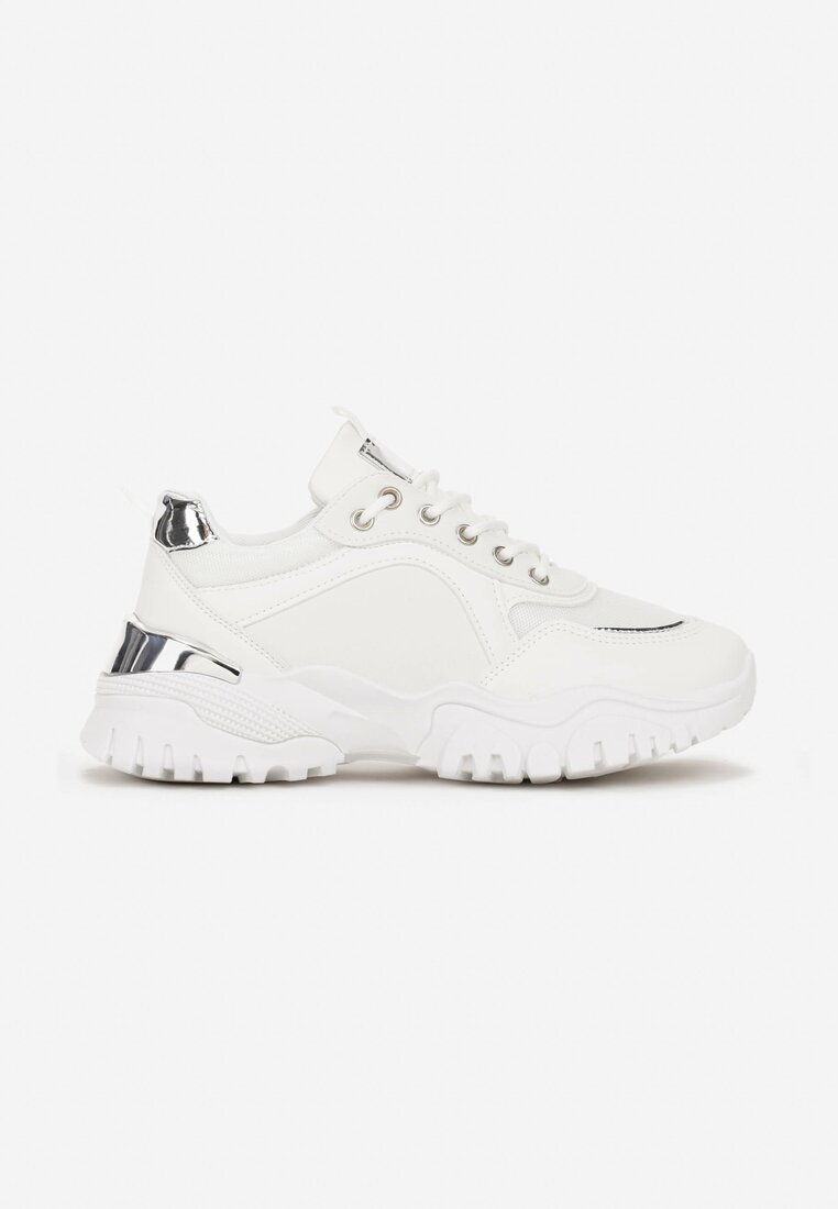 Białe Sneakersy na Grubej Podeszwie z Metalicznymi Aplikacjami Nalos
