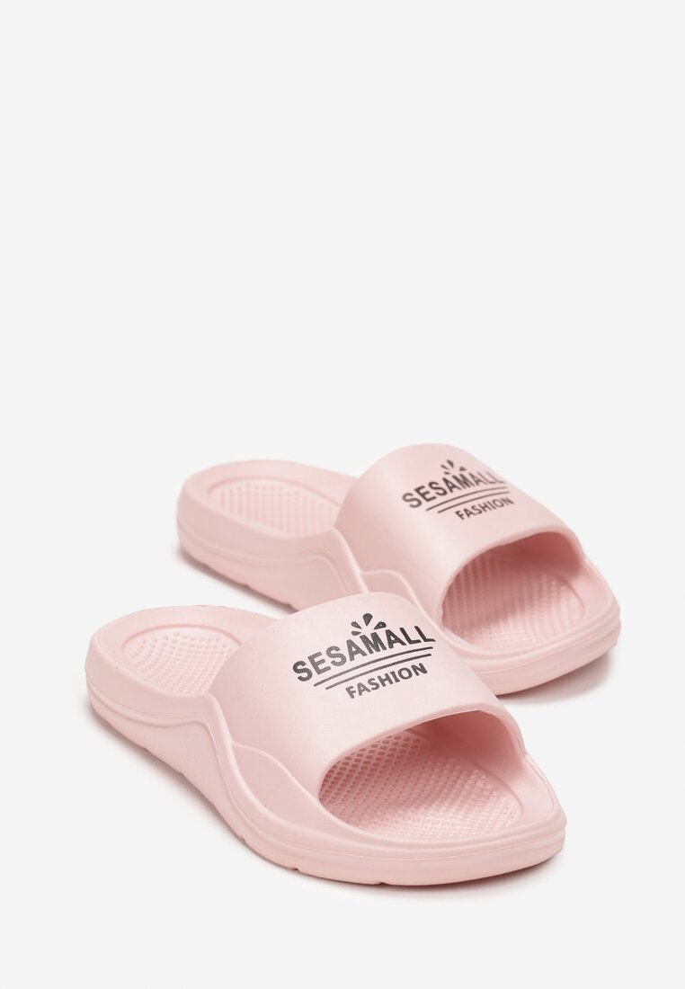 Różowe Basenowe Klapki na Płaskiej Podeszwie z Szerokim Paskiem z Napisem Biancani