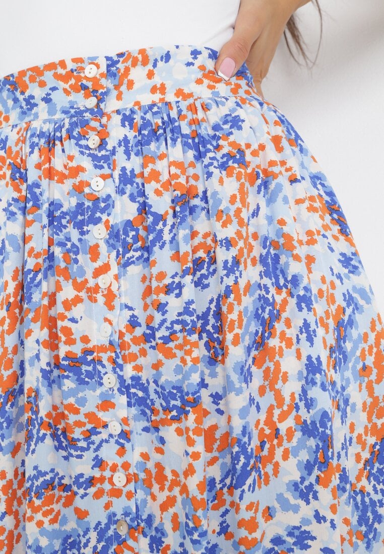 Niebieska Wiskozowa Spódnica Maxi z Gumką w Pasie w Kwiatki Perisla
