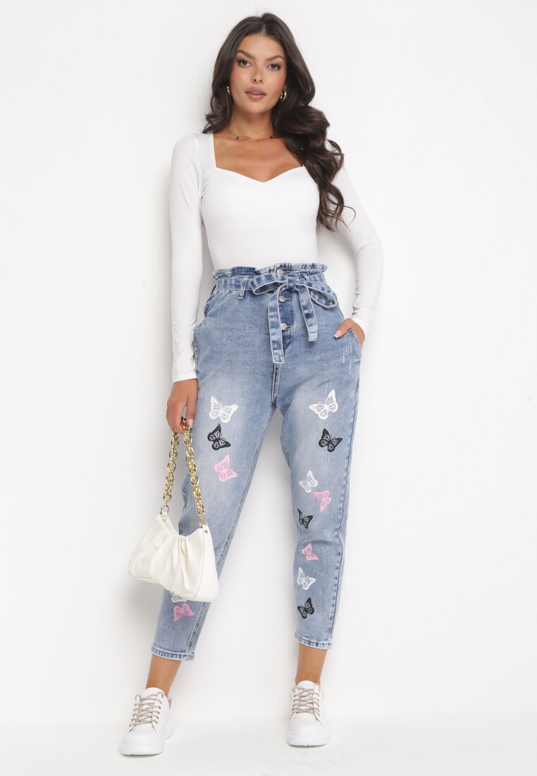 Jasnoniebieskie Jeansy Mom Fit z Wysokim Stanem i Motylkami Dunania
