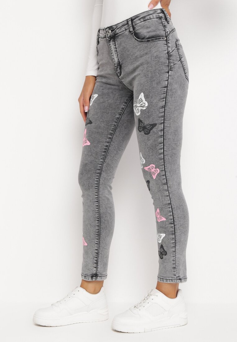Jasnoszare Jeansy Skinny z Motylkami i Efektem Push Up Elenatia