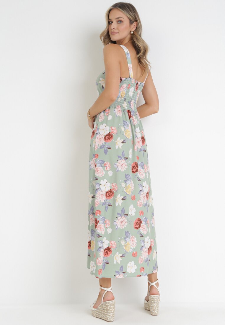 Jasnozielona Sukienka Maxi na Szerokich Ramiączkach z Ozdobnymi Guzikami w Kwiaty Delphyne
