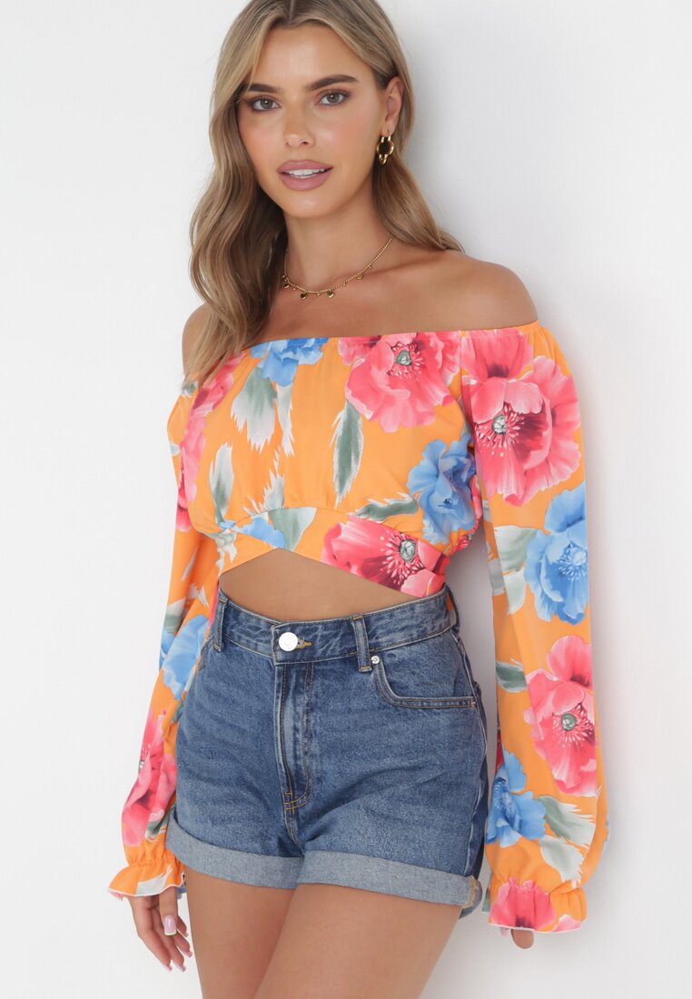 Pomarańczowa Wiązana Bluzka w Kwiaty z Długim Rękawem i Hiszpańskim Dekoltem Muai