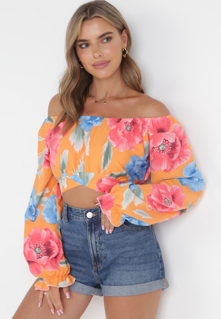 Pomarańczowa Wiązana Bluzka w Kwiaty z Długim Rękawem i Hiszpańskim Dekoltem Muai