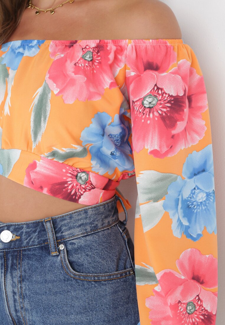 Pomarańczowa Wiązana Bluzka w Kwiaty z Długim Rękawem i Hiszpańskim Dekoltem Muai