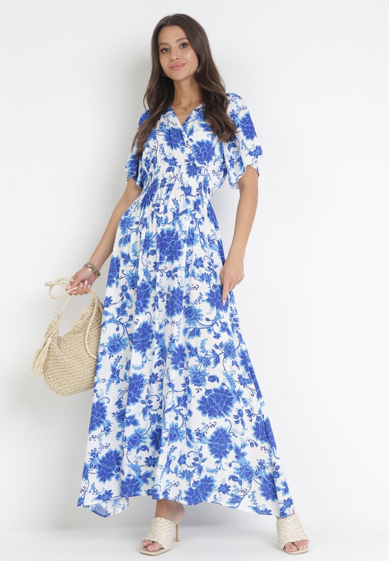 Niebieska Rozkloszowana Sukienka z Wiskozy w Kwiaty Rawnie