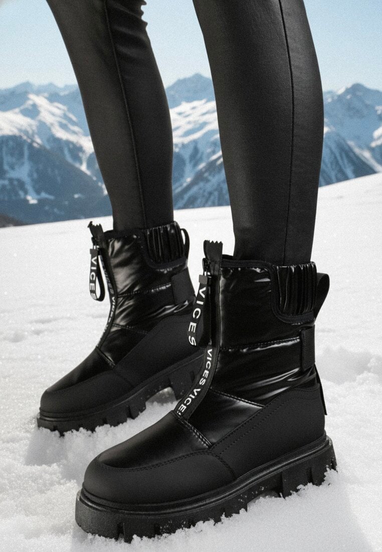 Czarne Śniegowce na Grubej Podeszwie z Suwakiem Cresandi