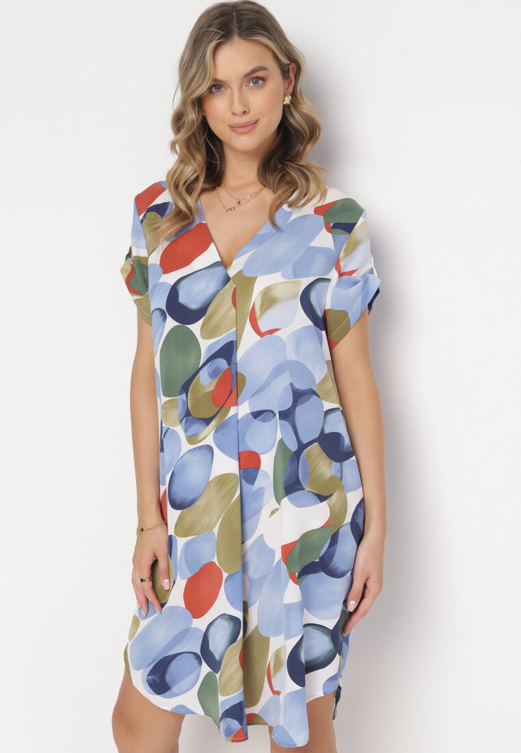 Niebieska Pudełkowa Sukienka Midi z Podpinanymi Rękawami Agostina