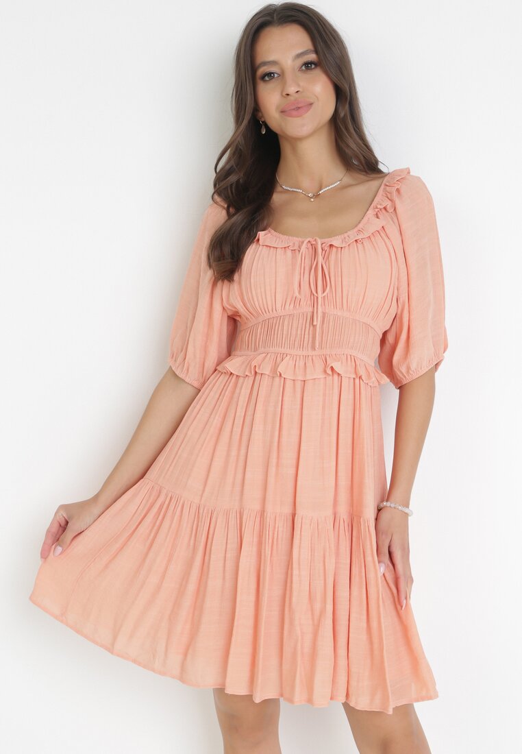Pomarańczowa Rozkloszowana Mini Sukienka o Fasonie Hiszpanki w Stylu Boho Eligale